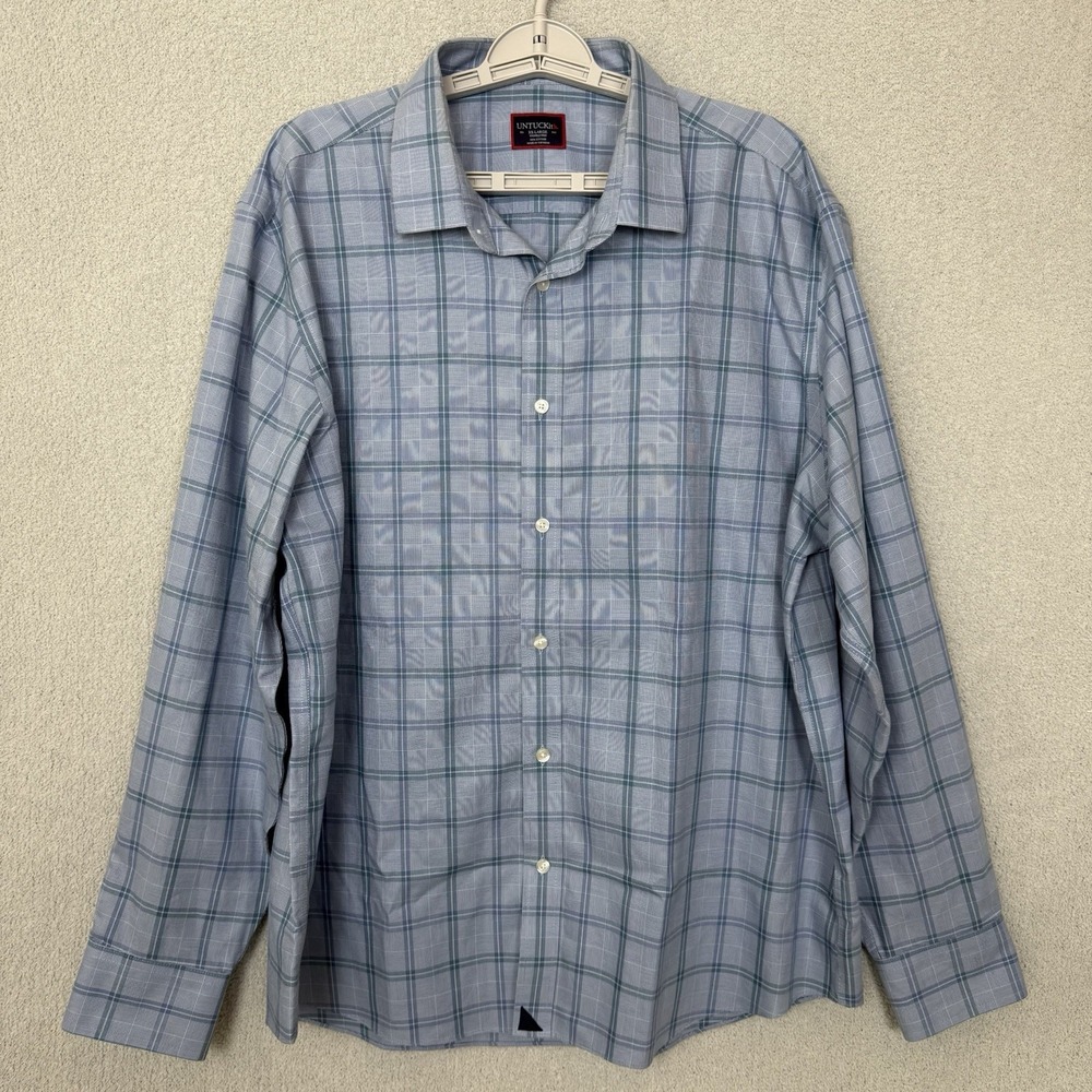 UNTUCKit Button Down Shirt Mens XXL Blue Plaid Wrinkle Free Long Sleeve